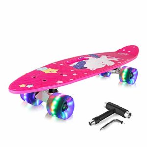 BELEEV Skateboard Complet Mini Cruiser Retro Skateboard pour Enfants Adolescents Adultes Roues Lumineuses LED avec All-in-One Skate T Tool pour Débutant 