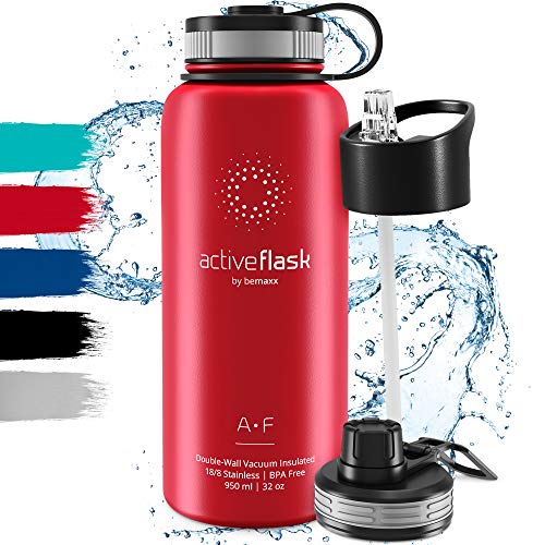 Gourde Inox Isotherme ACTIVE FLASK 1l/500ml sans BPA + Paille (3 Bouchons)  | Bouteille d'eau Acier Inoxydable Isolée, Thermos Réutilisable | Camping
