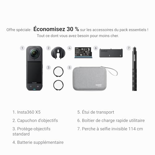 Insta360 X5 Pack Essentiels - caméra d'action 360° 8K étanche, Basse lumière de Pointe, Perche à Selfie Invisible, objectifs Robustes et remplaçables, 3h d'autonomie, Pare-Vent intégré – Image 3