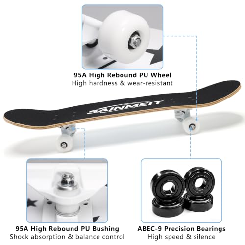 31 Inch Complete Skateboard, 8-Layer Canadian Maple Double Kick Concave Deck, Trick Skateboard for Beginners Kids Teens Adults – Image 2