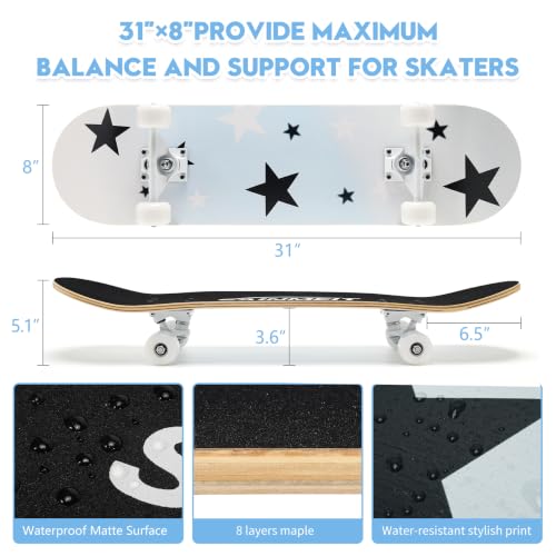 31 Inch Complete Skateboard, 8-Layer Canadian Maple Double Kick Concave Deck, Trick Skateboard for Beginners Kids Teens Adults – Image 3