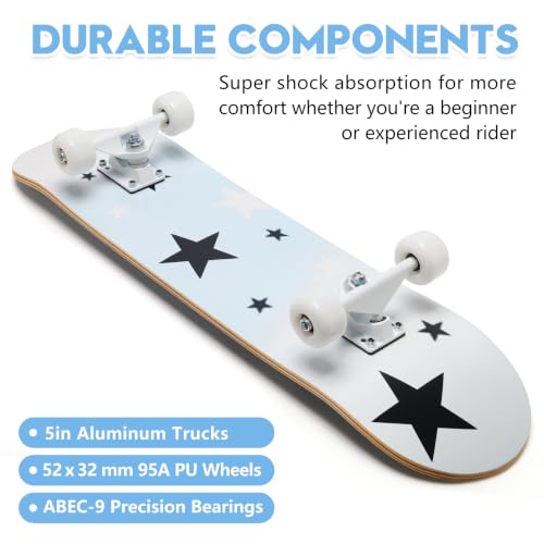 31 Inch Complete Skateboard, 8-Layer Canadian Maple Double Kick Concave Deck, Trick Skateboard for Beginners Kids Teens Adults – Image 4