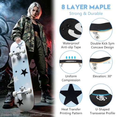 31 Inch Complete Skateboard, 8-Layer Canadian Maple Double Kick Concave Deck, Trick Skateboard for Beginners Kids Teens Adults – Image 5