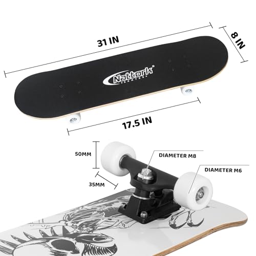 Nattork 31 Inch Complete Skateboard, Standard Skateboards for Beginners, Wood 9 Layer Canadian Maple Trick Skate Boards for Boys Girls Youth Teens Adults – Image 5