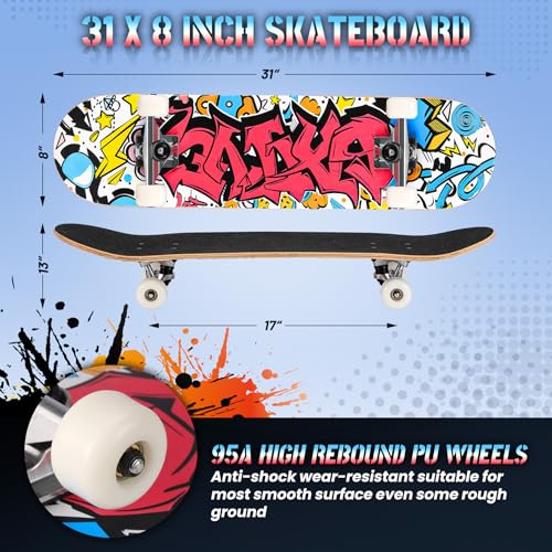 Pro Complete Skateboards for Beginners Girls Boys Kids Youths Teens Adults 31"x8" Skate Boards 7 Layers Canadian Maple Double Kick Deck Concave Longboard – Image 2
