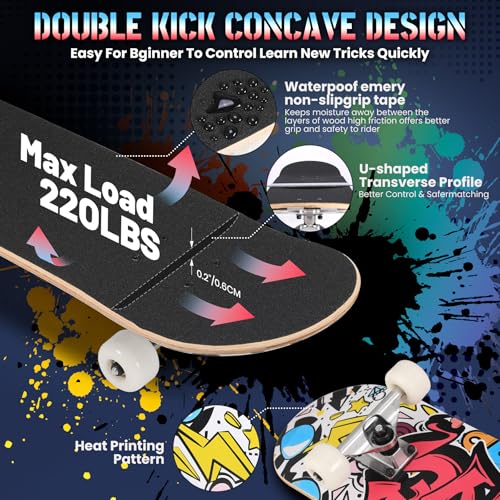 Pro Complete Skateboards for Beginners Girls Boys Kids Youths Teens Adults 31"x8" Skate Boards 7 Layers Canadian Maple Double Kick Deck Concave Longboard – Image 5