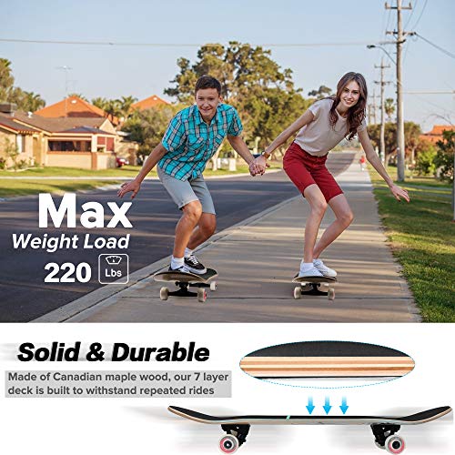 Skateboards for Beginners, 31"x8" Complete Skateboard for Kids Teens & Adults, 7 Layer Canadian Maple Wood Double Kick Deck Concave Standard and Tricks Skateboard with All-in-1 Skate Tool – Image 3