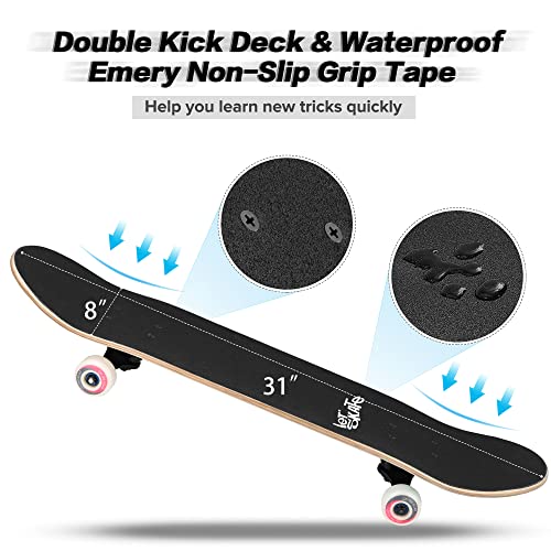 Skateboards for Beginners, 31"x8" Complete Skateboard for Kids Teens & Adults, 7 Layer Canadian Maple Wood Double Kick Deck Concave Standard and Tricks Skateboard with All-in-1 Skate Tool – Image 4