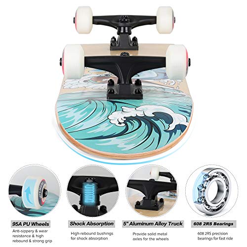 Skateboards for Beginners, 31"x8" Complete Skateboard for Kids Teens & Adults, 7 Layer Canadian Maple Wood Double Kick Deck Concave Standard and Tricks Skateboard with All-in-1 Skate Tool – Image 5