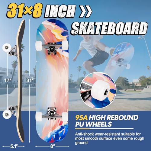 Skateboards for Beginners Adults Youths Teens Kids Girls Boys 31 Inch Pro Complete Skate Boards 7 Layer Canadian Maple Double Kick Concave Longboards – Image 2