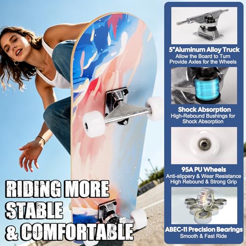 Skateboards for Beginners Adults Youths Teens Kids Girls Boys 31 Inch Pro Complete Skate Boards 7 Layer Canadian Maple Double Kick Concave Longboards – Image 3
