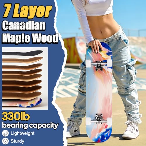 Skateboards for Beginners Adults Youths Teens Kids Girls Boys 31 Inch Pro Complete Skate Boards 7 Layer Canadian Maple Double Kick Concave Longboards – Image 4