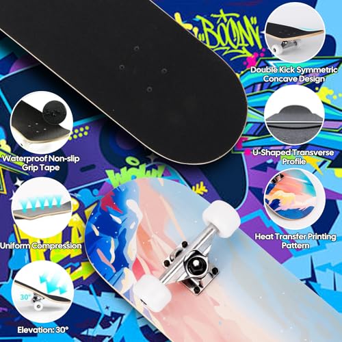 Skateboards for Beginners Adults Youths Teens Kids Girls Boys 31 Inch Pro Complete Skate Boards 7 Layer Canadian Maple Double Kick Concave Longboards – Image 5