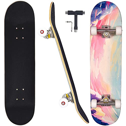 Skateboards for Beginners Adults Youths Teens Kids Girls Boys 31 Inch Pro Complete Skate Boards 7 Layer Canadian Maple Double Kick Concave Longboards