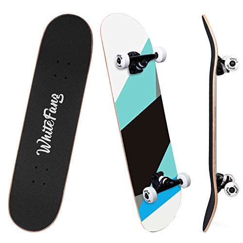 WhiteFang Skateboards for Beginners, Complete Skateboard 31 x 7.88, 7 Layer Canadian Maple Double Kick Concave Standard and Tricks Skateboards for Kids and Beginners